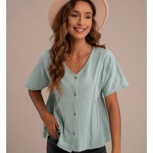 Petallush Solid Color V Neck Button-Up Blouse
